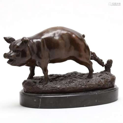 A Bronze Sculpture of a Tethered Pig