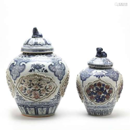 Two Chinese Blue and White Covered Jars
