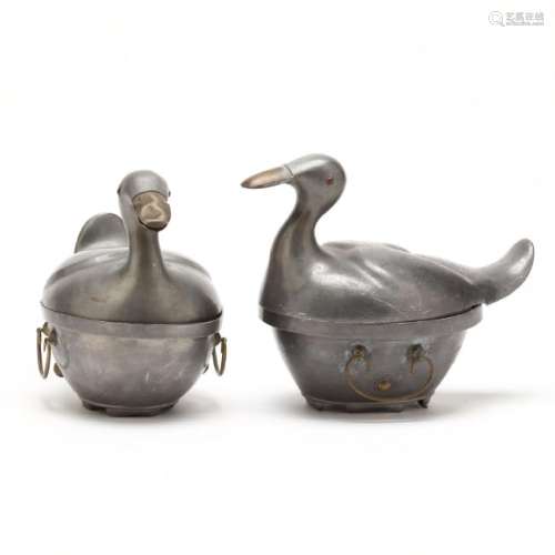 A Pair of Chinese Pewter Duck Containers