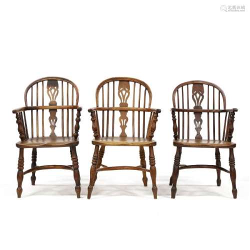 Set of Three English Elm Windsor Arm Chairs