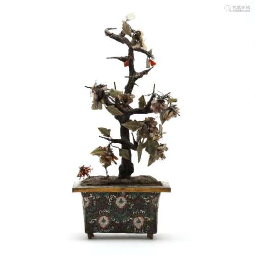 A Chinese Hard Stone Tree in Cloisonne Vase