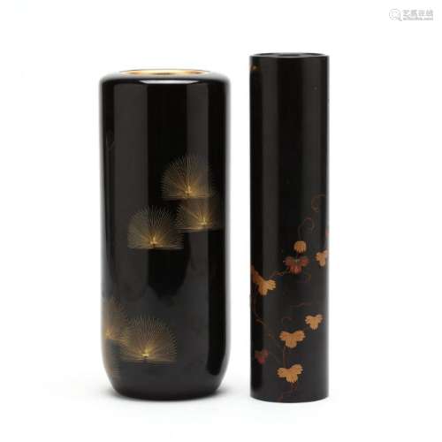 Two Japanese Black Lacquer Flower Vases