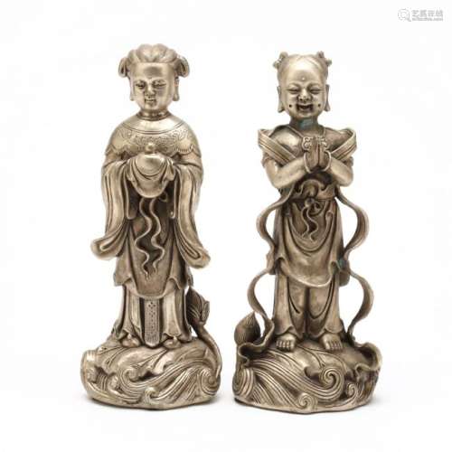 A Pair of Chinese Silvered Brass Statues