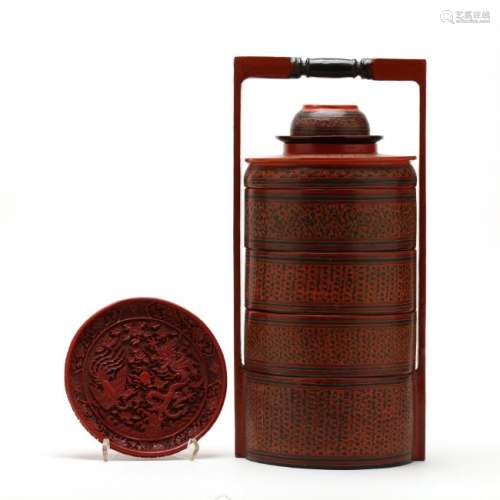 A Four Tiered Red Lacquer Food Basket and Cinnabar