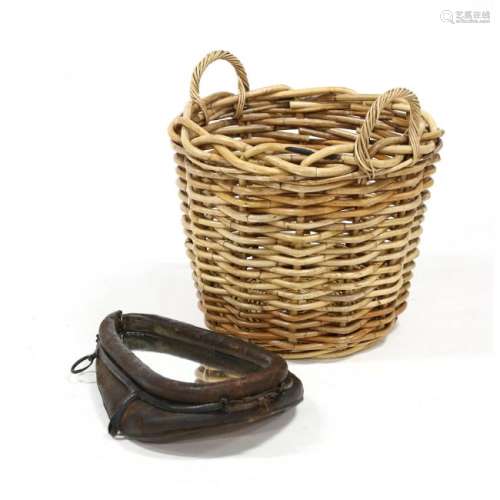 Antique Horse Collar Mirror and Bamboo Basket