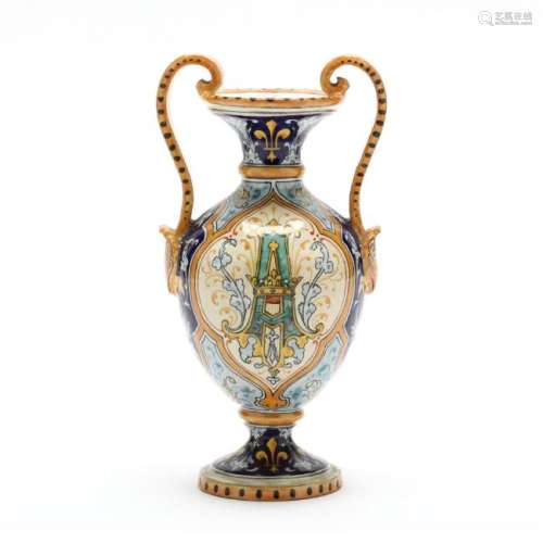 A French Faience Double Handled Cabinet Vase