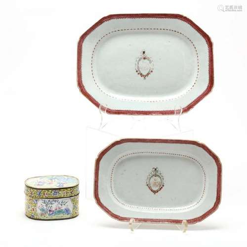 Two Chinese Export Porcelain Platters and Canton Enamel