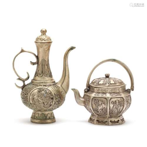 Two Chinese White Metal Wine Pots