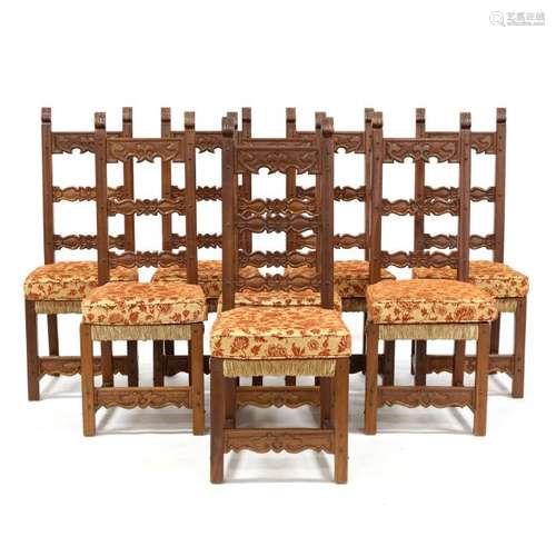 Set of Eight Spanish Style Carved Dining Chairs