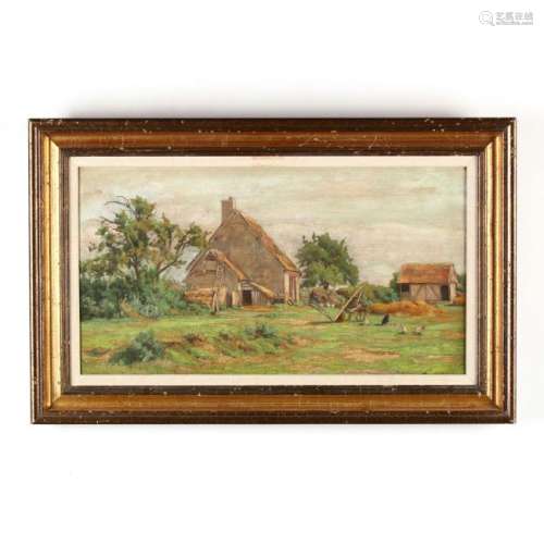 Antique Continental School Painting of a Barnyard