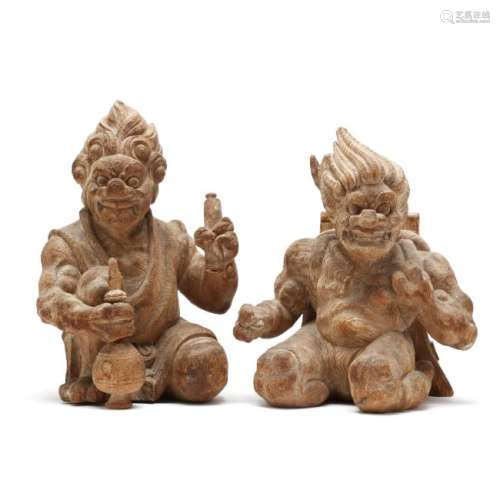 A Pair of Japanese Carved Wooden Temple Gods