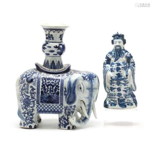 Two Chinese Blue & White Porcelain Sculptures