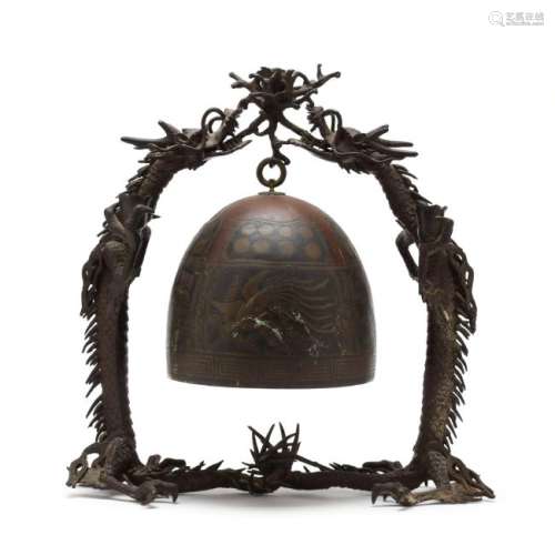 A Japanese Hanging Bronze Bell with Dragon Frame