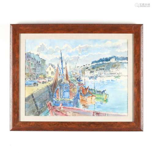 A Vintage Watercolor of a French Harbor