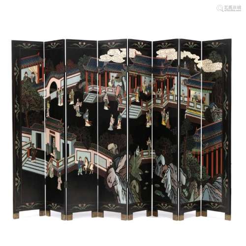 Chinese Carved and Lacquered Eight Panel Floor Screen