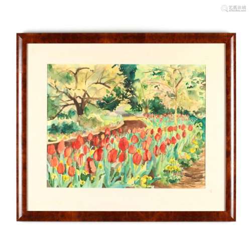 Vintage Watercolor of a Bed of Tulips