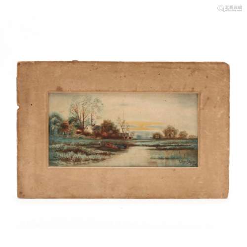 Early 20th Century Watercolor of Boats In A River