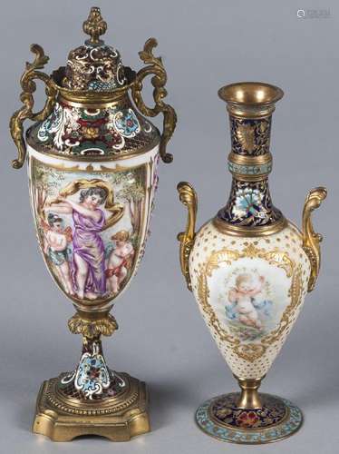 Two porcelain and enamel urns, ca. 1900, 7 3/4'' h