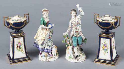 Pair of Chelsea style porcelain figurines, 9 1/2''