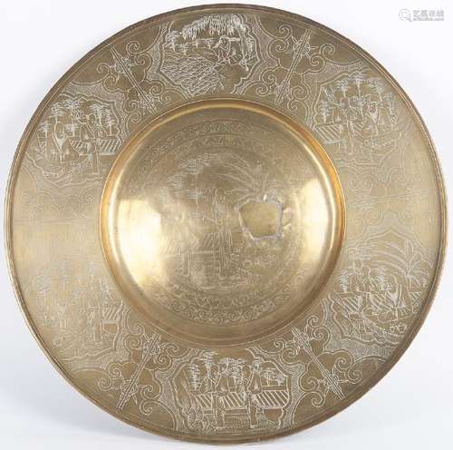 Chinese engraved brass charger, 26 1/4'' dia.