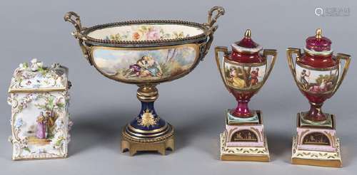 Pair of Dresden porcelain urns on plinths, togeth