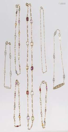 Four multi-colored gemstone and 14K gold pieces,