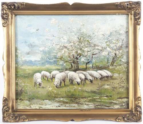 Oil on canvas landscape with sheep, early 20th c.