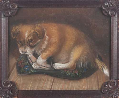 Pastel of a puppy chewing a lady's shoe, ca. 1900