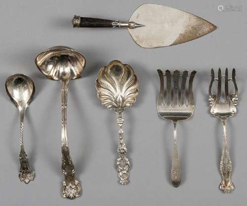 Six sterling and coin silver serving utensils, 23