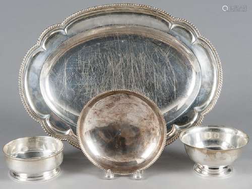 Sterling silver tray, together with three bowls,