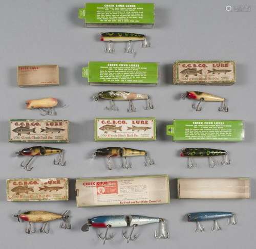 Ten Creek Chub wood fishing lures with boxes, to