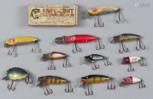 Ten Heddon River Runt fishing lures, two wood wit