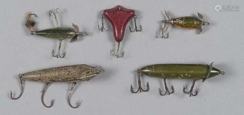 Five miscellaneous wood fishing lures, to include