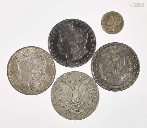 Four Morgan silver dollars, together with a Mercu