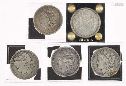 Five Morgan silver dollars, to include 1881 O, 18