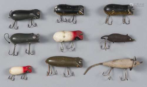 Seven Shakespeare wood mouse fishing lures, toget