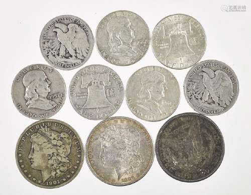 Three Morgan silver dollars, together with seven