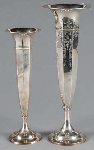 Two weighted sterling silver vases, 15'' h. and 18