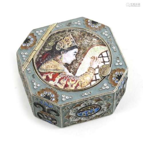 Russian Enameled Silver Chamfered Square Pill Box