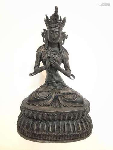 Large Gilt and Lacquered Bronze Bodhisattva