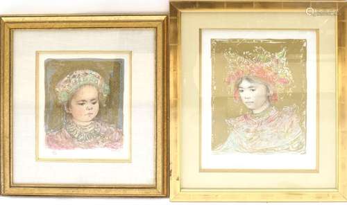 Edna Hibel, Two Asian Girl Portraits - Lithographs