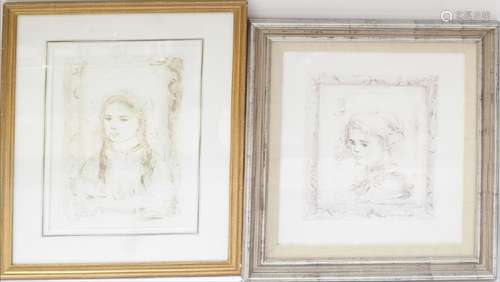 Edna Hibel, Two Monotone Portraits - Lithographs