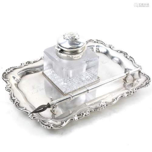 American Sterling and Glass Inkstand with Pen