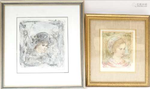 Edna Hibel - Two Young Girl Portraits, Lithographs