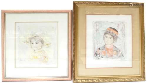 Edna Hibel, Two Young Girl Portraits - Lithographs