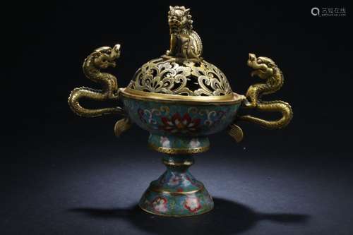 A Lidded Chinese Duo-handled Estate Dragon-decorating Censer Display