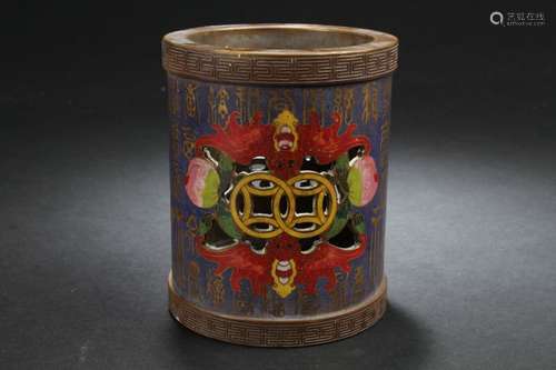 An Estate Chinese Bat-framing Cloisonne Brush Pot Display