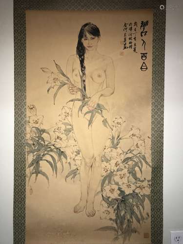 A Lady-portrait Chinese Body-art Display Scroll