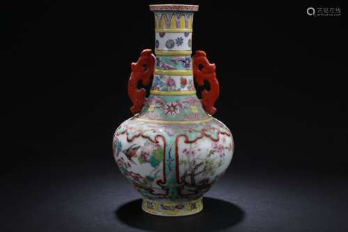 A Duo-handled Chinese Windowed Porcelain Vase Display