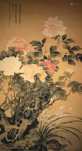 A Chinese Flower-fortune Mudan Fortune  Scroll Display